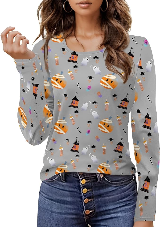 domirica Halloween Sweatshirts For Women Cute Pullover Fall Long Sleeve Pullover U-Neck Halloween Crazy Party Club Clothes