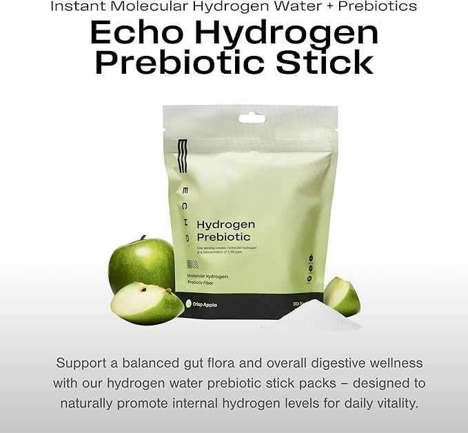 Echo Hydrogen Prebiotic Drink Mix - Digestive Health Supplement Packets - On-The-Go Portable Hydration Mix for Instant Hydrogen Water - Wellness & Energy Support Drink - Crisp Apple - 30 Count