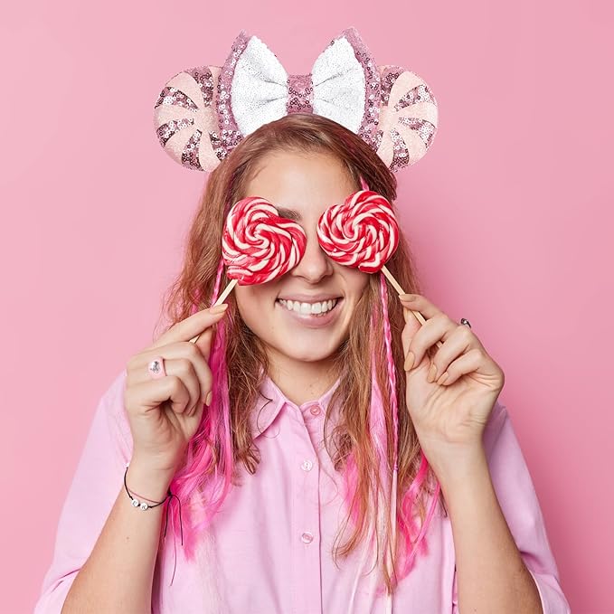 bianbaistar Pink Sequin Mouse Ear Headband – Adorable Candy Stripe Design with Bowknot, Perfect for Birthday Celebrations, Festivals, and Themed Party Costumes