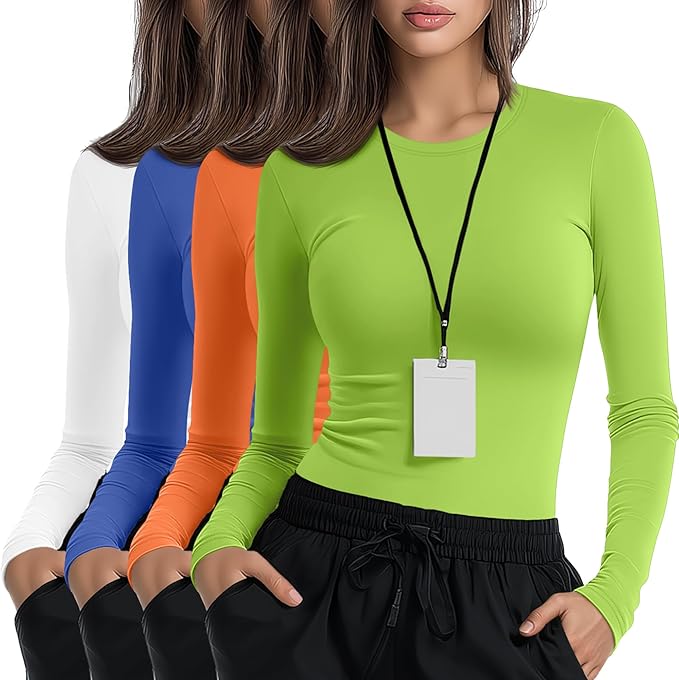 4 Pack Women's Underscrub Shirts Nurse Undershirts Long Sleeve Crewneck Slim Fit Tops Soft Stretchy Basic Tee
