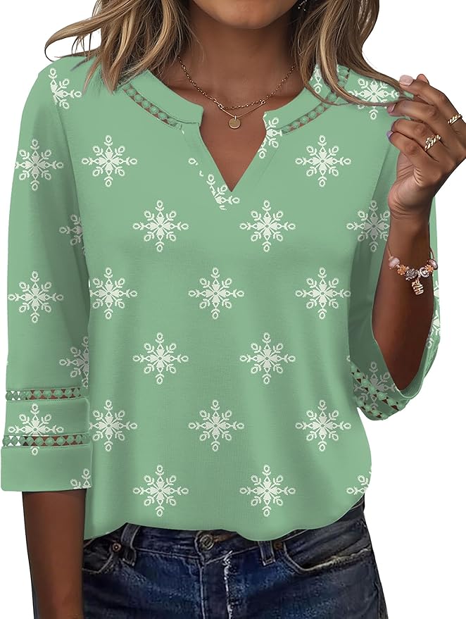 Ivicoer 3/4 Length Sleeve Womens Tops V Neck Lace Embroidered Summer Blouses Loose Fit Tunic Dressy Casual