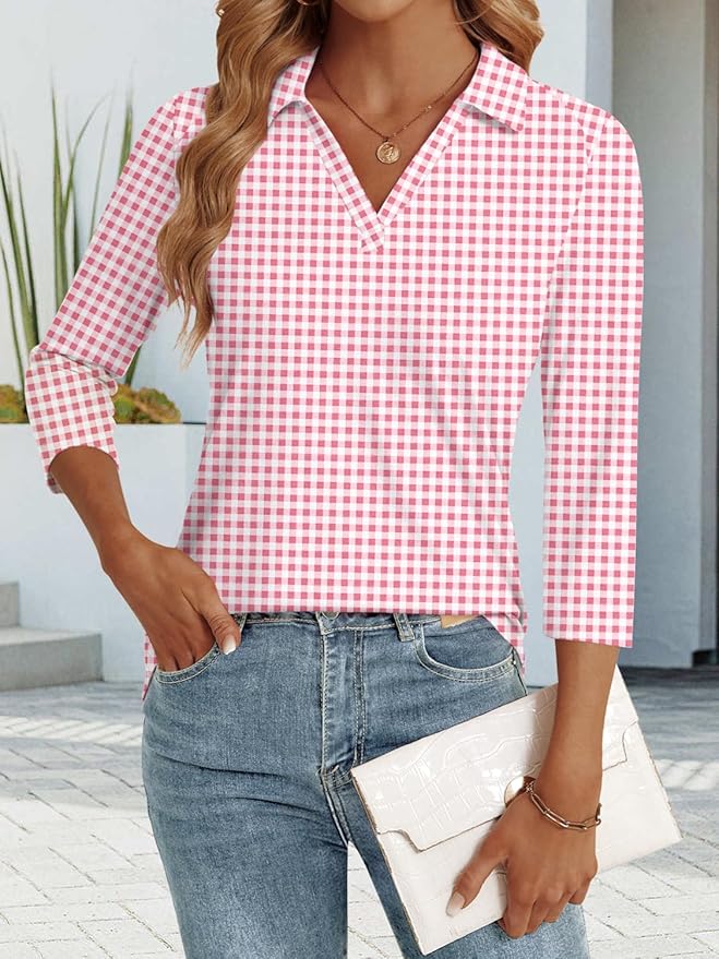 3/4 Length Sleeve Womens Tops Dressy Casual V Neck Polo Shirts Business Work Blouses 2025 Trendy Tunic Top