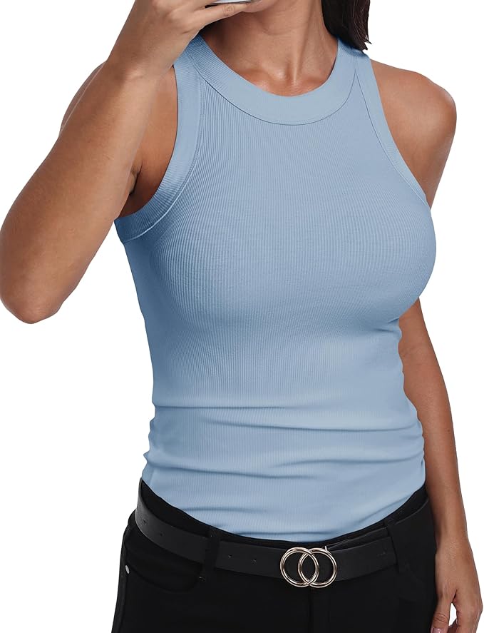 GEMBERA Womens Sleeveless Racerback High Neck Casual Basic Cotton Ribbed Fitted Tank Top