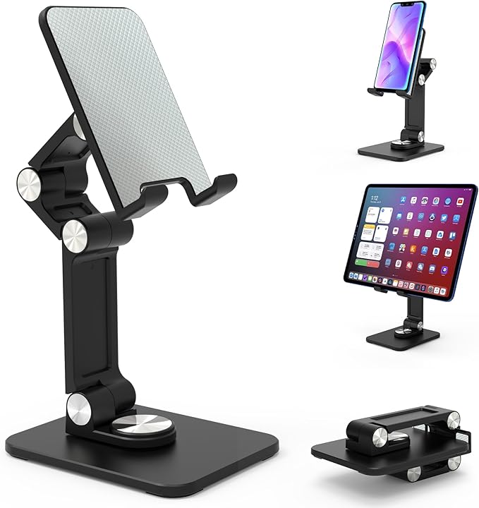 360 Rotating Cell Phone Stand,Folding Phone Stand,Adjustable Height and Angle Foldable Cell Phone Stand Holder for Desk, Taller iPhone Stand Compatible with iPad Smartphones Tablet (Black)