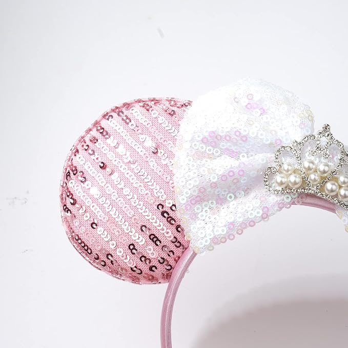 Foeran Mouse Ears Headbands Shiny Bows Mouse Ears Glitter Party Princess Decoration Cosplay Costume for Girls Women (pearl crown pink)