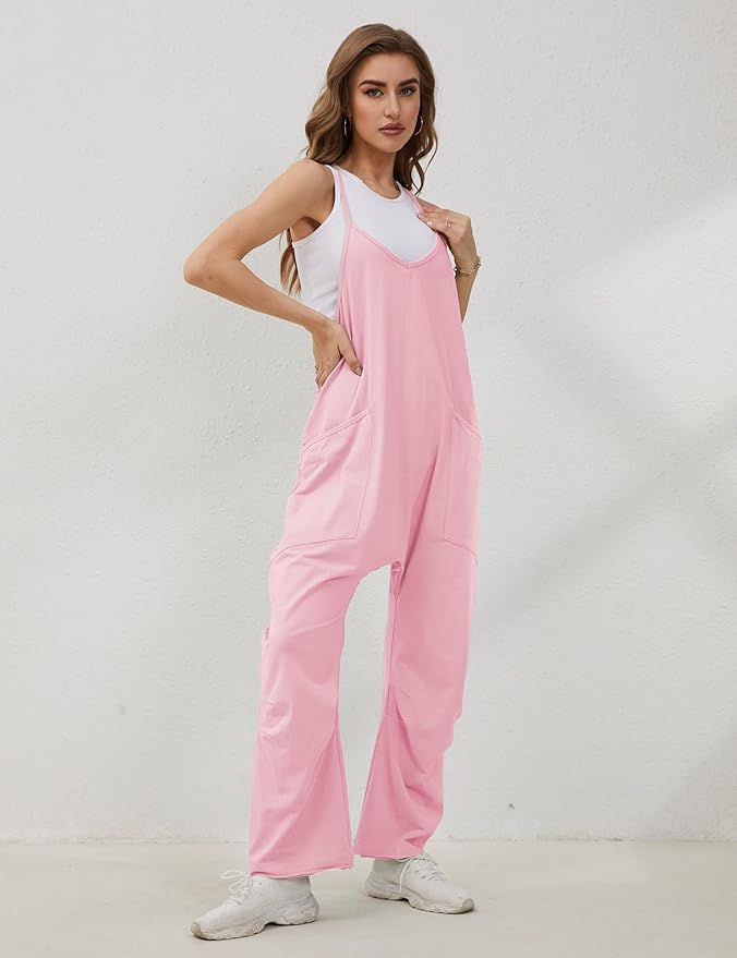 Lentta Women's Causal Jumpsuits V Neck Sleeveless Harem Overalls Stretchy Adjustable Strap Romper with Pockets