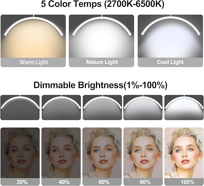 Half Moon Lash Light - Adjustable LED Floor Lash Lamp with 4X Magnifier & Phone Holder for Eyelash Extensions,Nail Art,Tattoo,Skincare,Salon SPA-Dimmable Brightness,Rotating Head, White