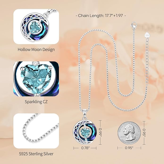 LIANYU Necklace for Womens Blue Sapphire Necklace Moon Pendant S925 Sterling Silver Crystal Jewelry for Women Pendant Birthday Gifts for Wife Gifts Valentine Anniversary