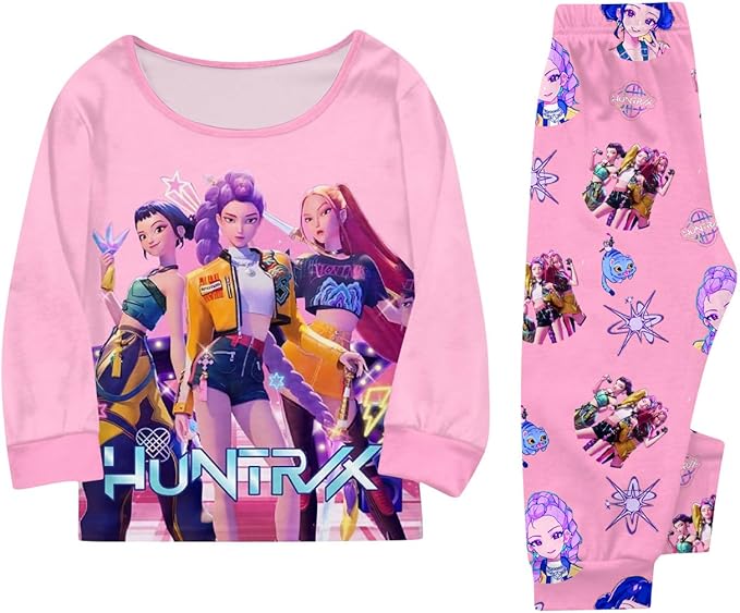 Girls 2 Piece K Pop Singer Outfits Cute Cartoon Graphic Shirts and Pants Casual Tracksuit Fashion Clothing Sets