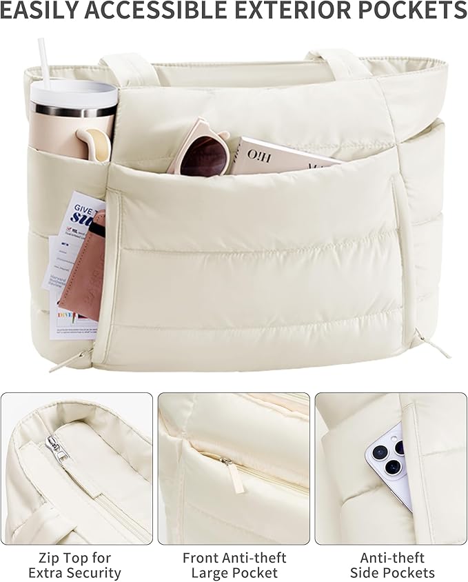 Puffer Tote Bag for Women, Lightweight Puffy Work Handbag Teacher Nurse Quilted Shoulder Bag for School Travel Gym | Quilted, with Zipper, Daily Carry On Bags, Comfy College Bags, 15.6" Laptop Sleeve, Cup Holder Pocket, Portable, Spacious