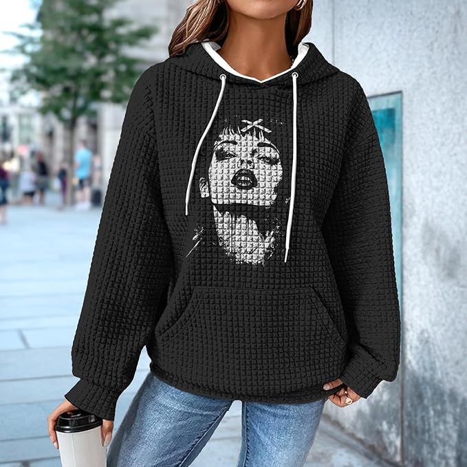 domirica Black Pullover Sweatshirts For Women Trendy Long Sleeve Waffle Sweatshirt With Hood Comfy Fall Clothing Qutfits