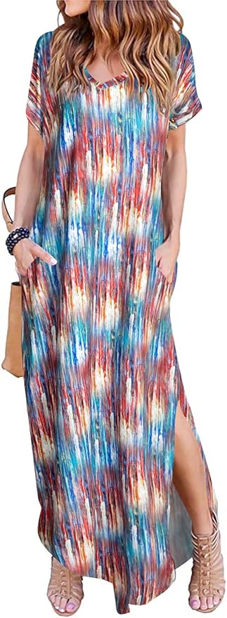 Arolina Women's Summer Maxi Dress Short Sleeve V Neck Casual Loose Long Beach Split Dresses with Pockets