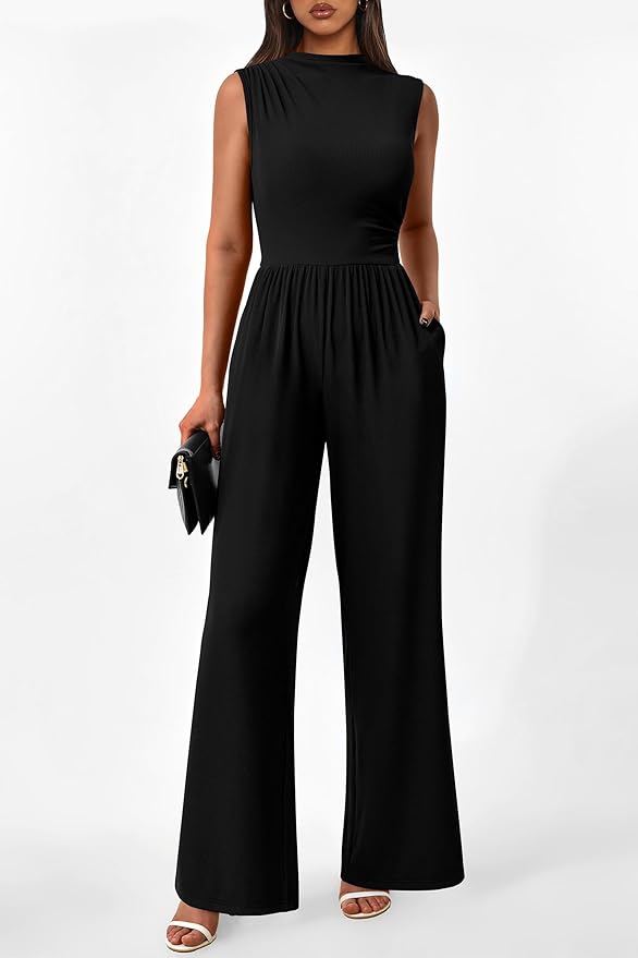 PRETTYGARDEN Womens Summer Jumpsuits Dressy Casual One Piece Outfits Sleeveless Mock Neck Wide Leg Pants Rompers with Pockets