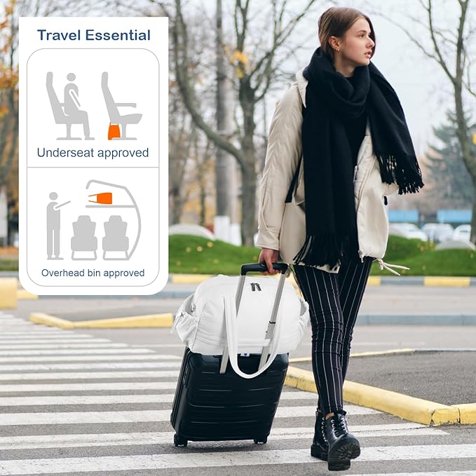 TOPDesign Travel Duffel Bag for Women, Puffer Gym Bag Sports Tote with Wet Pocket, Carry On Weekender with Luggage Sleeve (White)