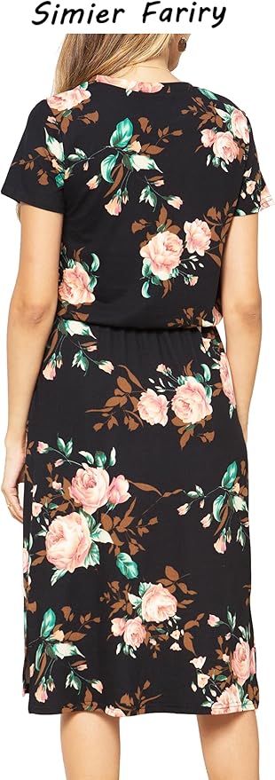 Simier Fariry Womens Spring Hide Belly Knee Length Travel Dress Pocket Summer Short Sleeve Midi Work Casual Outfits