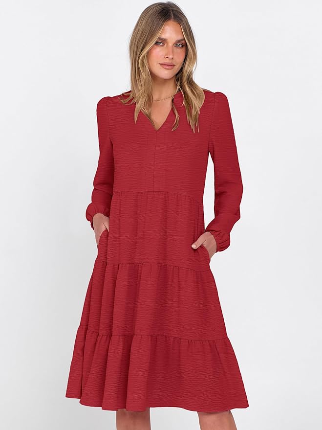 ANRABESS Womens Fall Midi Dresses Long Sleeve V Neck Swing Tiered Work Business Casual 2026 Flowy Beach Vacation Dress