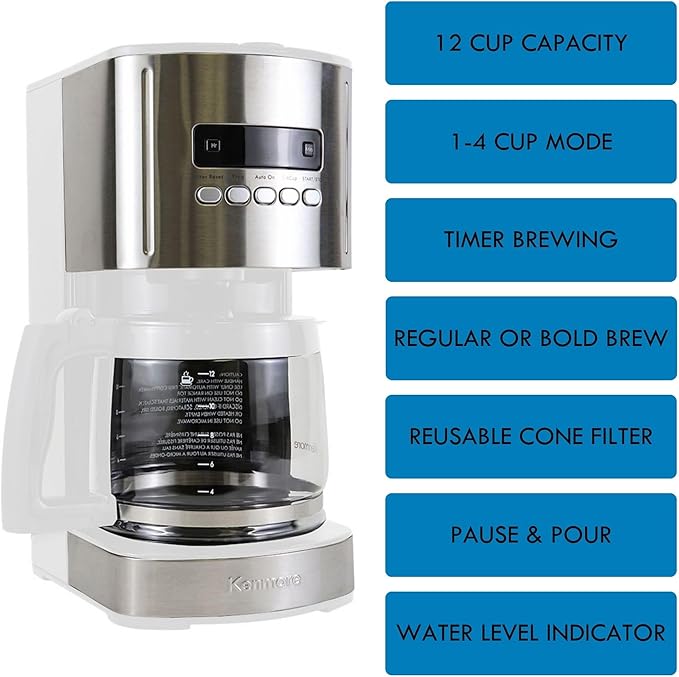 Kenmore Drip Coffee Maker - 12 Cup Programmable Cafe Machine With Glass Pot, Regular & Bold Brew, Auto Shut Off Large Water Reservoir, Reusable Filter, Kitchen Appliances For Cafeteria Barista, White