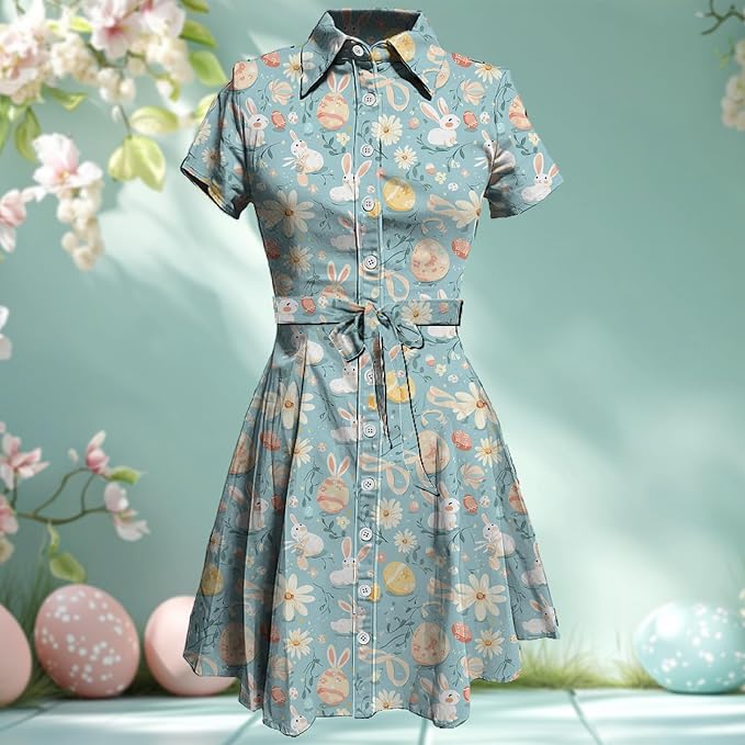 MARSVOVO Cute T Shirt Dress for Women Short Sleeve Button Up Tie Waist Elegant Casual Collared Smocked Midi Dress