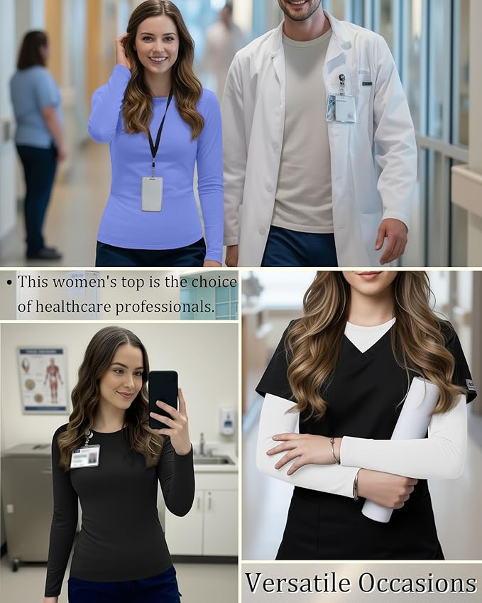 3 Pack Women's Underscrub Shirts Long Sleeve Thermal Scrub Undershirts Nurse Crew Neck Slim Fit Fleece Top Basic Tee