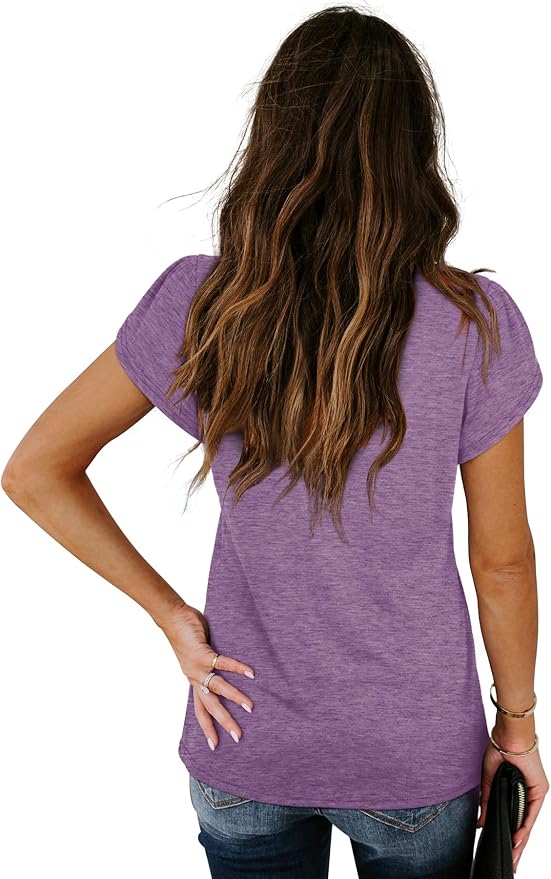 WIHOLL Womens Tops V Neck Summer Petal Sleeve Casual Tshirts