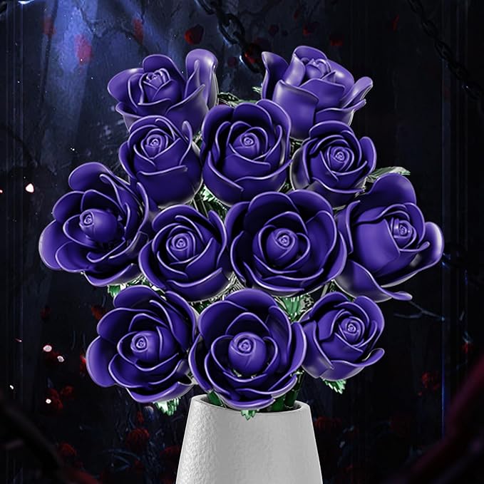 Purple Rose Bouquet Building Set for Adults Women - 12 Pack, Botanical Collection Gift for Christmas, Valentine's Day & Mother's Day - Artificial Flowers Botanical Collection Centerpiece Retro Decor
