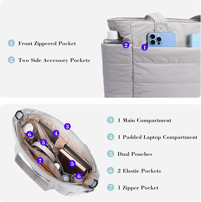 AOCINA Puffer Tote Bag for Women Quilted Work Bag Nurse Bags Women's Shoulder Handbags for Travel Gym Gifts Laptop Purse