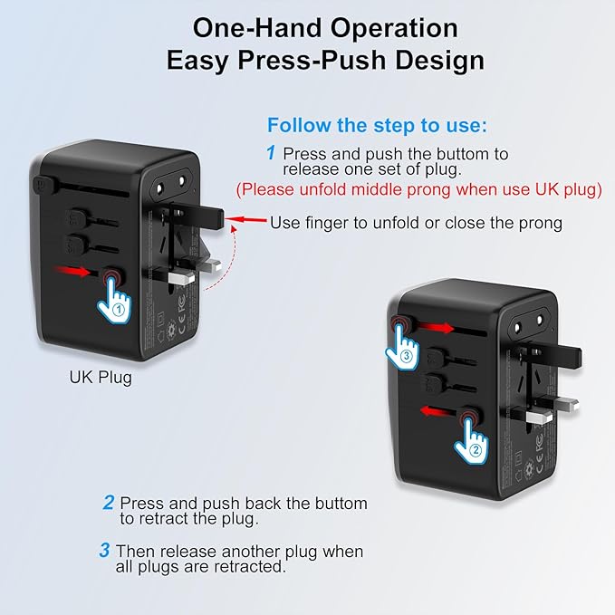 SAUNORCH Universal Travel Adapter, PD 35W 7 in 1 International Power Plug Adapter with 7.0A 4 USB-C and 2 USB-A Fast Wall Charger, Worldwide AC Outlet for US Europe UK AUS (Black+Silver)