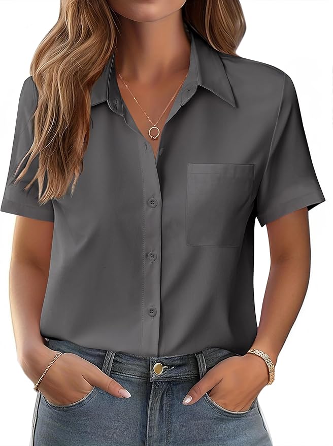 Zeagoo Womens Button Down Shirt Bust Pocket Short Sleeve Blouses Business Casual Work Tops Summer Outfits