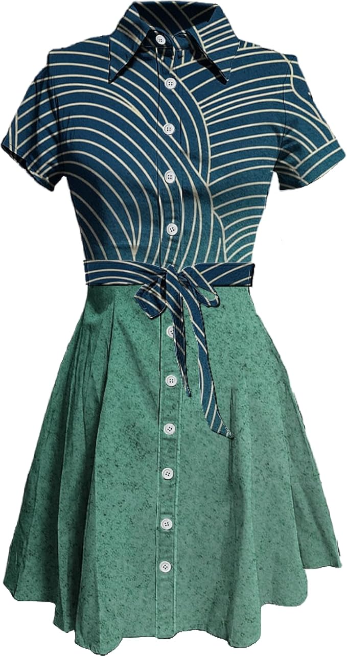 MARSVOVO Japanese Art Shirt Dresses for Women Short Sleeve Ruffle Button Down Tie Waist Trendy Elegant Midi Dress
