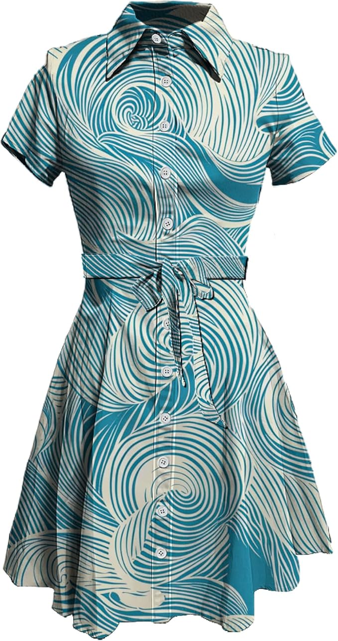 MARSVOVO Vintage Retro Shirt Dress for Women Short Sleeve Button Down Tie Waist Elegant Smocked Knee Length Dress