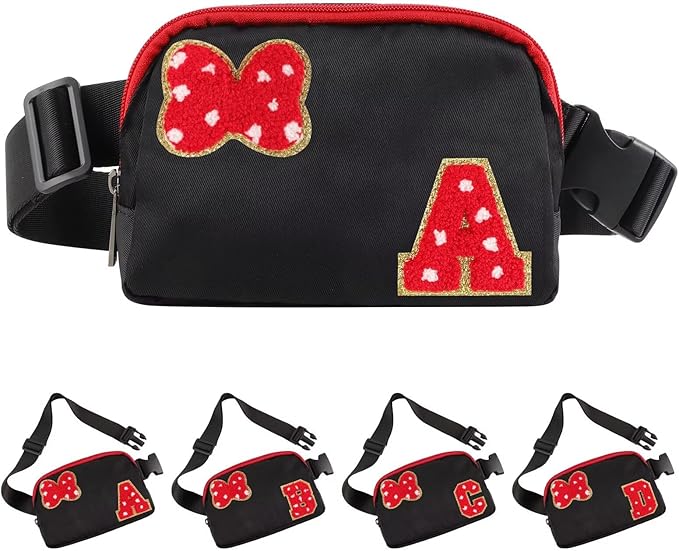 Initial Letter Bow Mouse-Ear Fanny Pack for Teen Girls,Cute Chenille Belt Bag Crossbody Travel Waist Pack for Women&Kids,Personalized Gift for Theme Park,School & Travel, Birthday Christmas(A)
