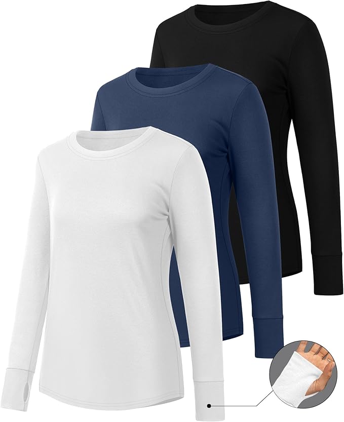 Huukeay 3 Pack Women's Long Sleeve Shirts with Thumb Holes, Cotton Casual Crew Neck Tunic Tops Fall Loose Y2k Trendy Outfits