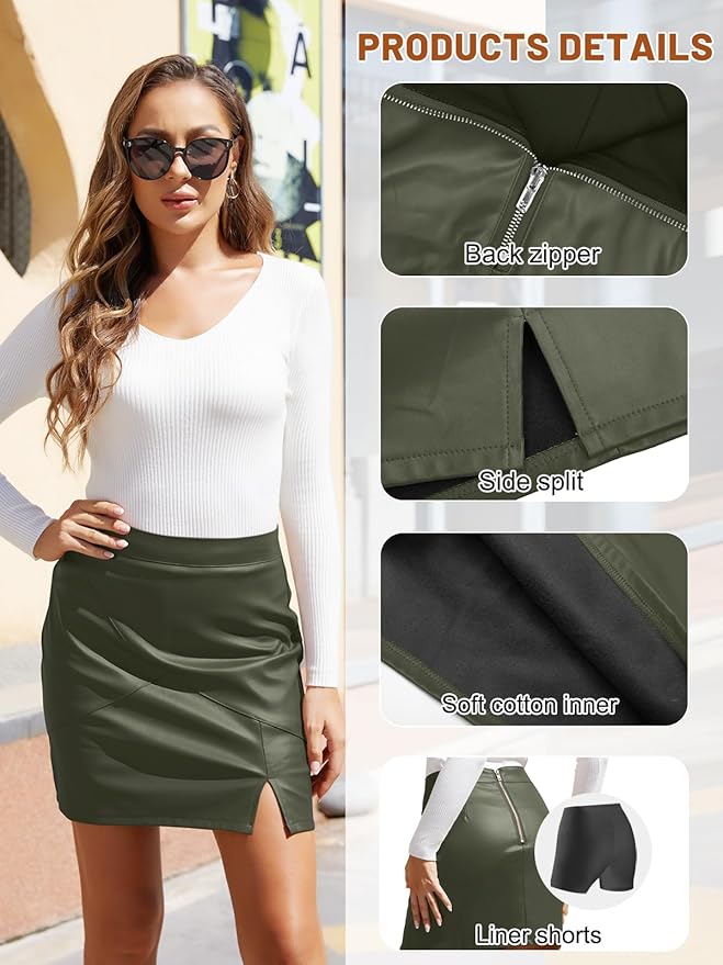 We1Fit Womens Fuax Leather Skirt High Waisted Bodycon Pencil Mini Skirts with Shorts
