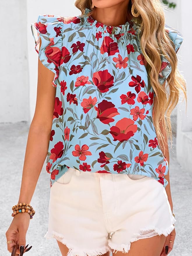 PRETTYGARDEN Women's Ruffle Short Sleeve Summer Tops 2026 Trendy Floral Trim Neck Casual Dressy Chiffon Boho Blouses Shirts