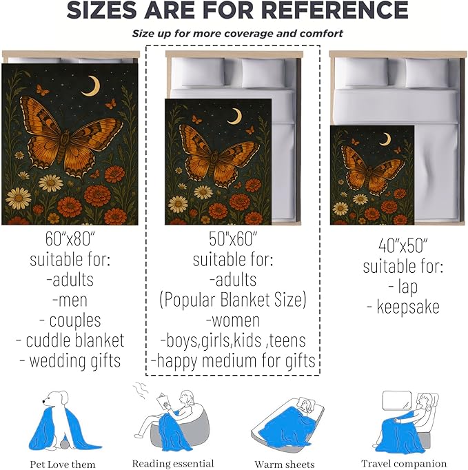 Butterfly Gifts, Orange Butterfly and Moon Theme Flannel Blanket for Women, Gothic Birthday Throw Blankets for Kids, Girls, Travel Camping Sofa Living Room Decor 40x50 in