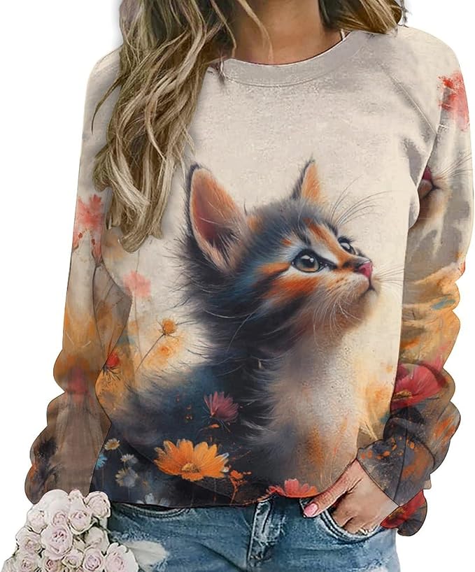 Spatofa Womens novelty funny cat printed crewneck sweatshirt casual loose long sleeve graphic pullover sweatshirts tops