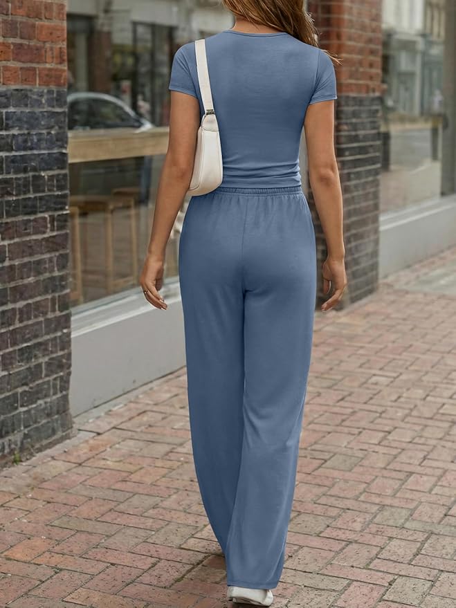 Trendy Queen Women's 2 Piece Matching Lounge Sets Summer Henley Neck Slightly Crop Top Wide Leg Pants Casual Sweat Suit