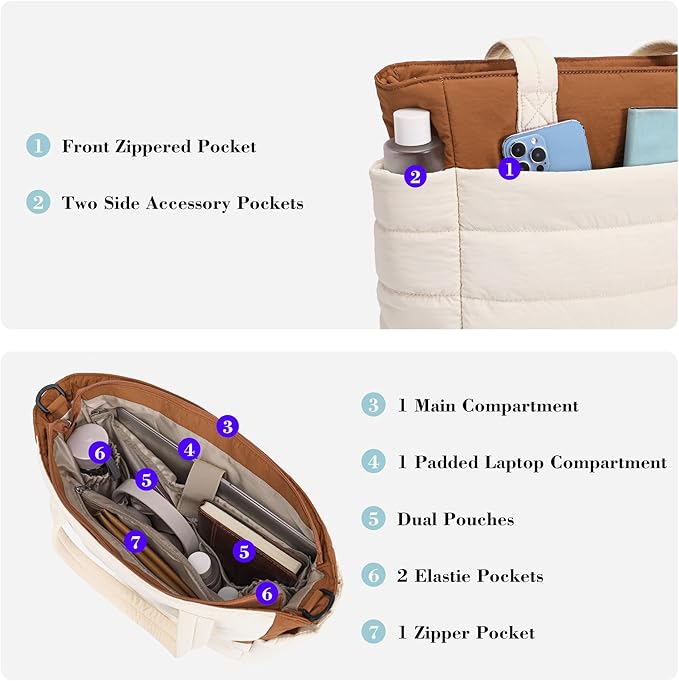 AOCINA Puffer Tote Bag for Women Quilted Work Bag Nurse Bags Women's Shoulder Handbags for Travel Gym Gifts Laptop Purse