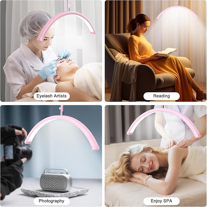 Half Moon Lash Light - Adjustable LED Floor Lash Lamp with 4X Magnifier & Phone Holder for Eyelash Extensions,Nail Art,Tattoo,Skincare,Salon SPA-Dimmable Brightness,Rotating Head, Pink