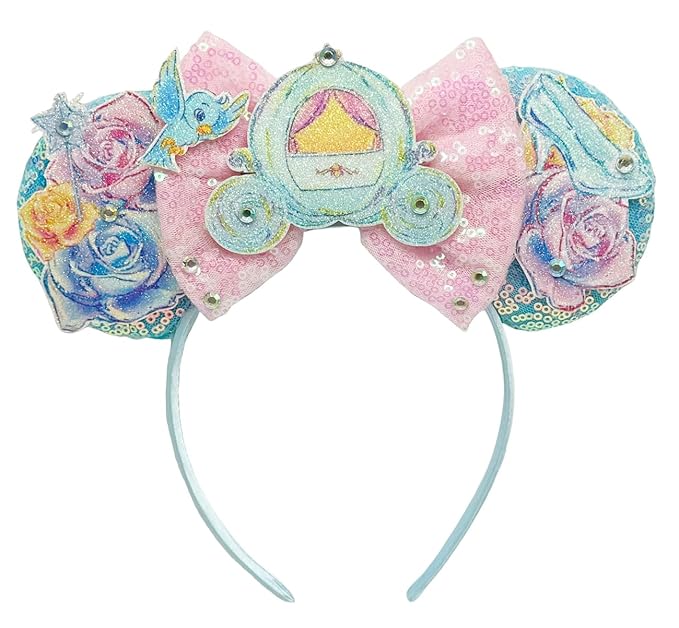 WW-WONDERFULWORLD Mouse Ears Headband With Shiny Sequins Diamond Decoration, for Costume Cosplay Glitter Party, Amusement Park, Blue; 130-7