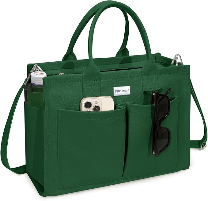 TOPDesign Heavy-Duty Canvas Tote Bag for Women, Adjustable Crossbody/Shoulder Handbag with 9 Pockets, Everything Tote