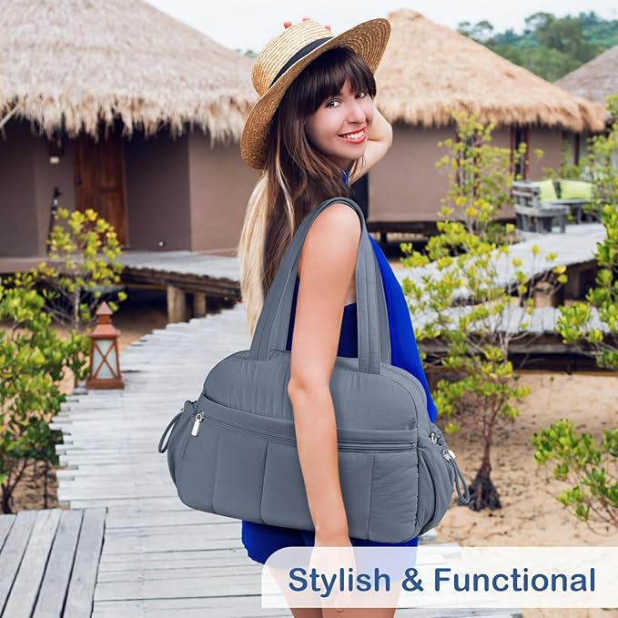 TOPDesign Travel Duffel Bag for Women, Puffer Gym Bag Sports Tote with Wet Pocket, Carry On Weekender with Luggage Sleeve (Blue Grey)