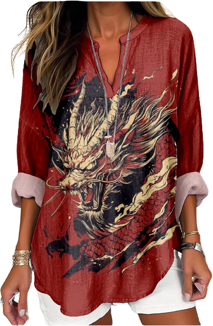 MARSVOVO V Neck Shirt For Women Boho Multi Style Blouse Long Sleeve Novelty Graphic Plus Size Pullover Tops For Women