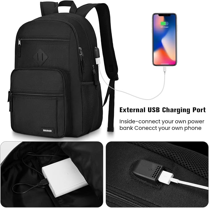 Black Backpack for Men and Women, Backpack for School Teens Boys and Girls, Lightweight Casual High School Bookbag, Daily-use Travel Laptop Backpack with USB Charging Port Fits 15.6 Inch Notebook