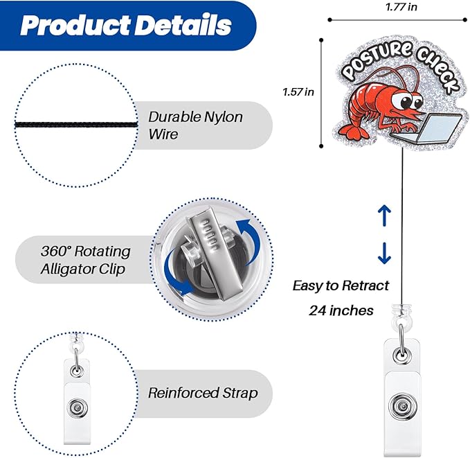 Funny Shrimp Posture Check Badge Reel, Humorous Retractable ID Card Badge Holder, Name Tag Work Badge Clip for Nurse Teacher Doctor Office Worker Desk Job Humor
