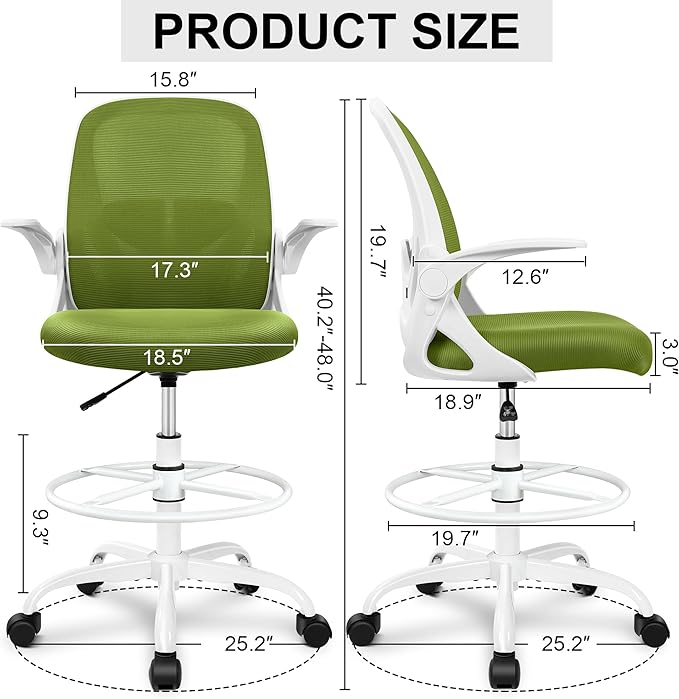 Primy Drafting Chair Tall Office Chair with Flip-up Armrests Executive Ergonomic Computer Standing Desk Chair with Lumbar Support and Adjustable Footrest Ring (AvocadoGreen)