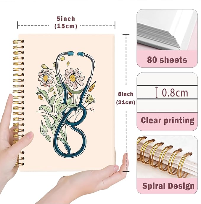 Lacama Nurse Notebook, Nurse Gifs for Women, Nurse Appreciation Gifts, Nurses Week Gifts, Nursing Student Graduation Gifts, 160 Pages, A5 Stethoscope Flower Spiral Notebook, Office School Supplies