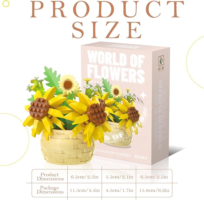 MJDDJA Mini Flowers Building Block Set, Mini Building Blocks, Flower Building Set, Building Block Flowerpot, Mini Bricks Building Sets, Party Favors for Kids Above 10 Years Old(Sunflower 162pcs)