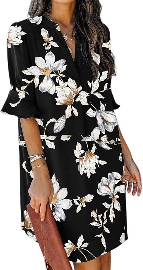 QACOHU Summer Dresses for Women V Neck Ruffle Short Sleeve Casual Shift Dress