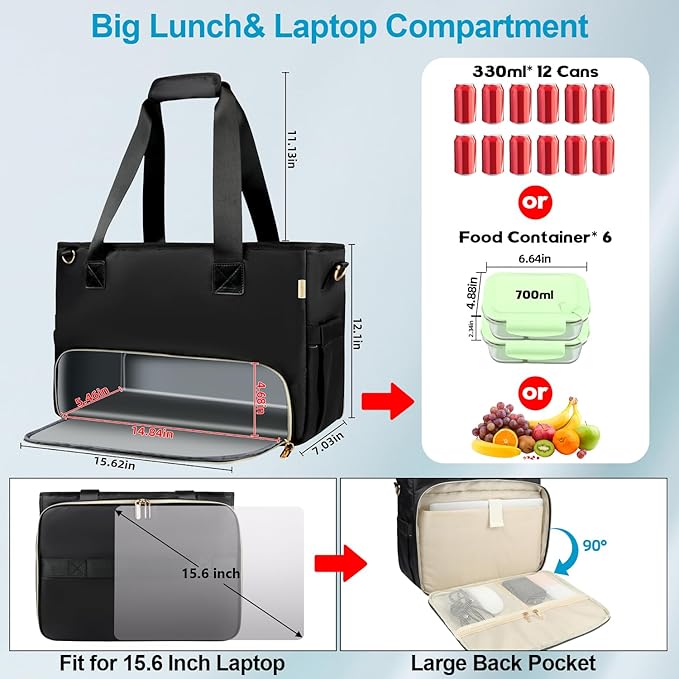 2-in-1 Laptop Tote Bag for Women with Big Insulated Lunch Compartment, Soft Nylon Work Tote Bag with 15.6 Inch Laptop Compartment& Cup Holder for Teacher Nurse Business Travel Daily (Black)